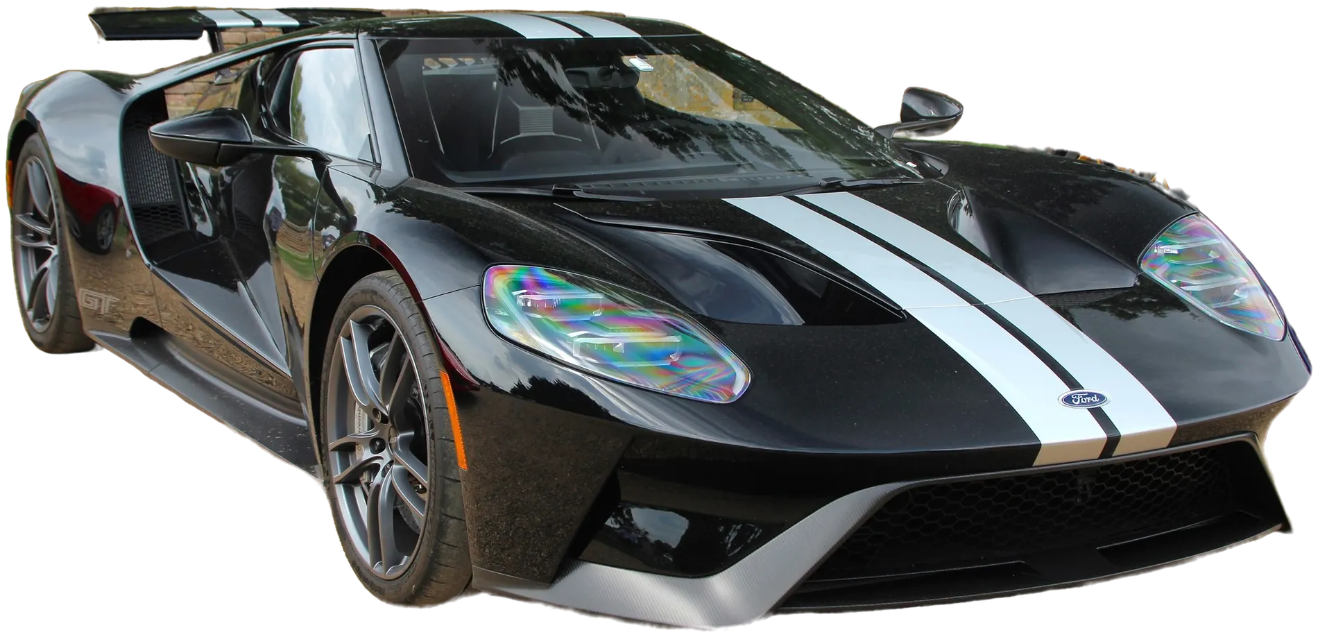 A black Ford GT with silver racing stripes