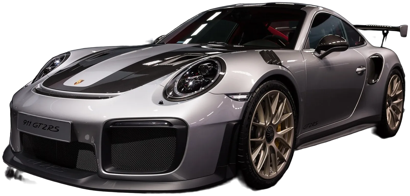A silver Porsche 911 GT2 RS with a carbon hood and gold wheels