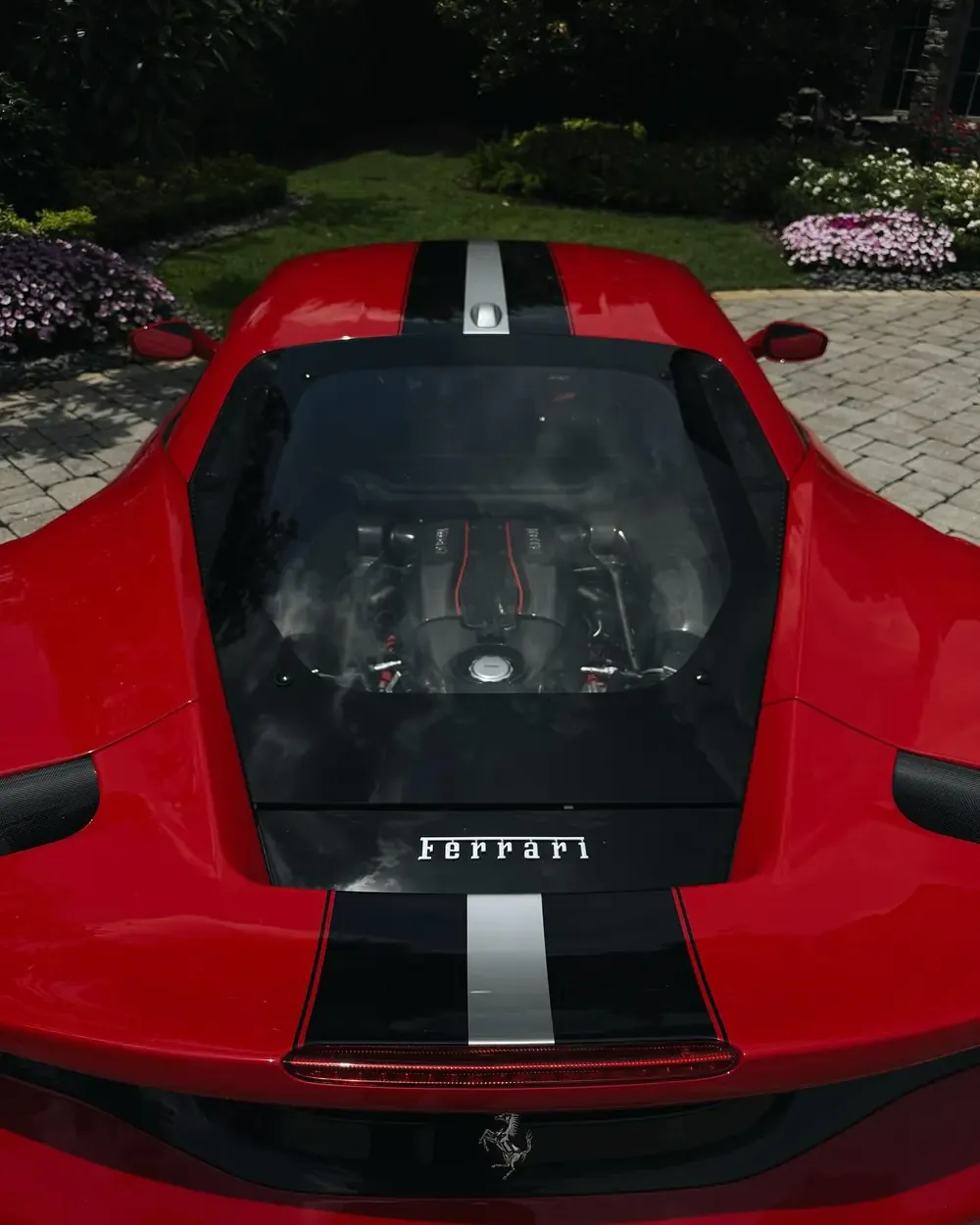 The engine of his Ferrari 488 Pista